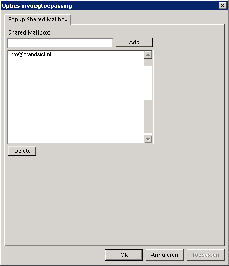 add-in Options screen for adding shared mailboxes